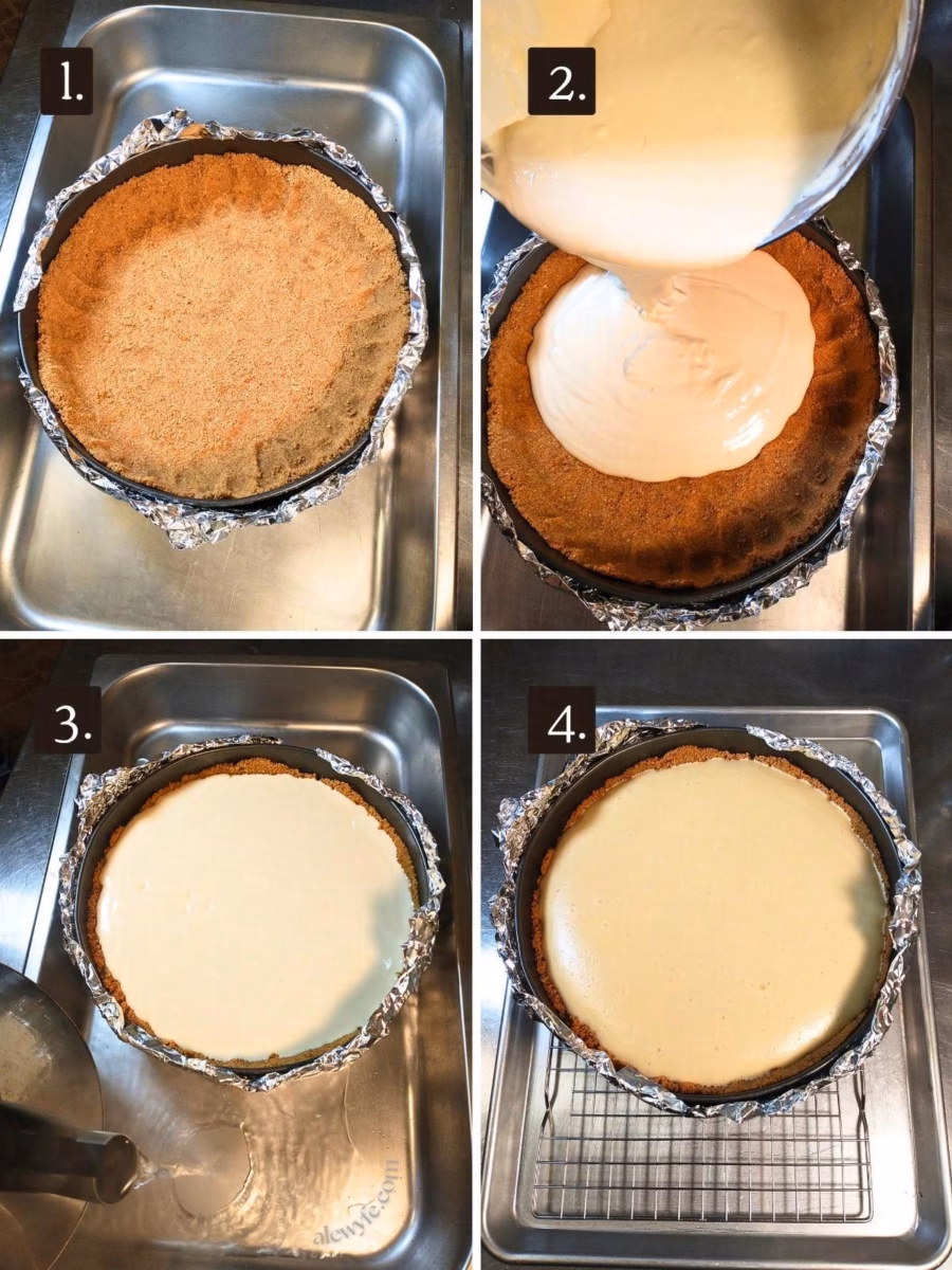 four photo collage of filling the cheesecake crust, baking it in a bain marie, and cooling the cheesecake in the pan on a wire rack.