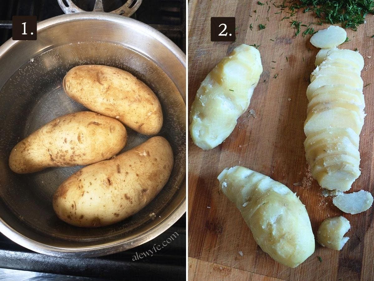 numbered two photo collage of cooking potatoes, and then slicing the peeled potatoes for the tarts.