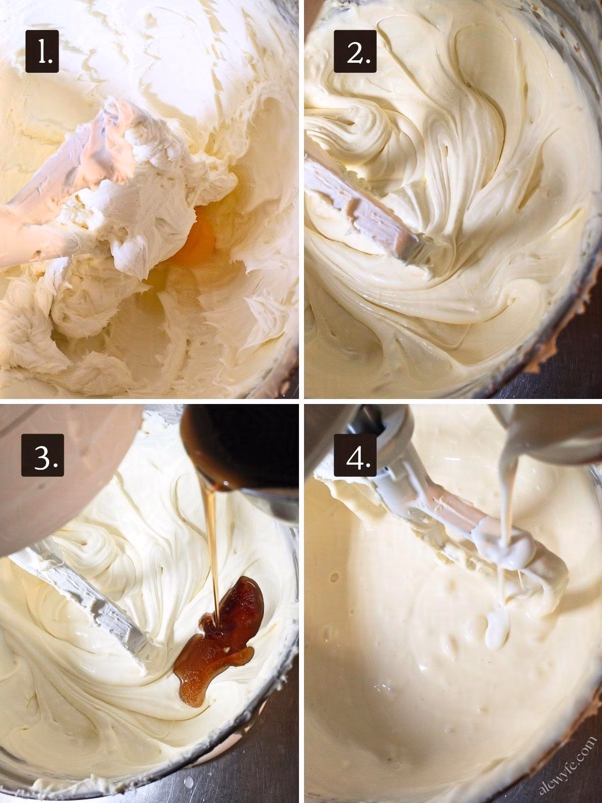four photo collage showing whipping the cream cheese batter and adding the eggs, maple syrup, and heavy cream to the cheesecake batter.