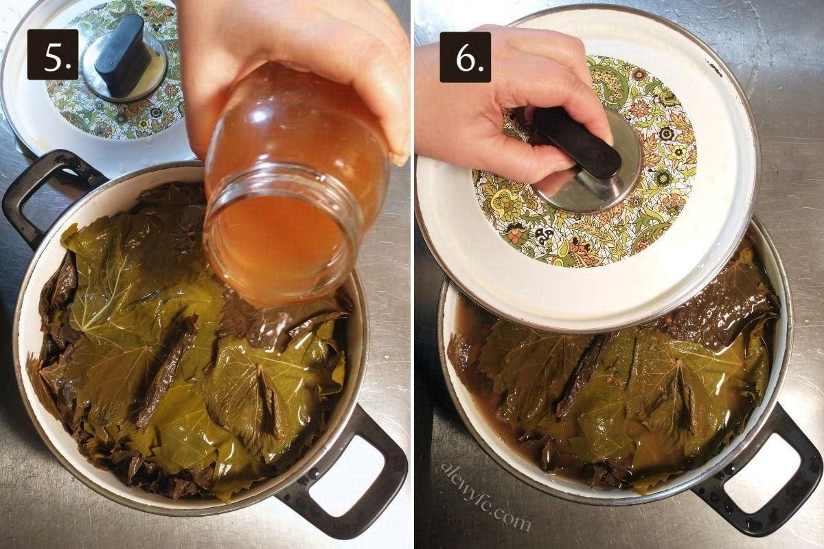pouring vegetable stock onto the stuffed grape leaves, then covering the pot before cooking the dolmades.