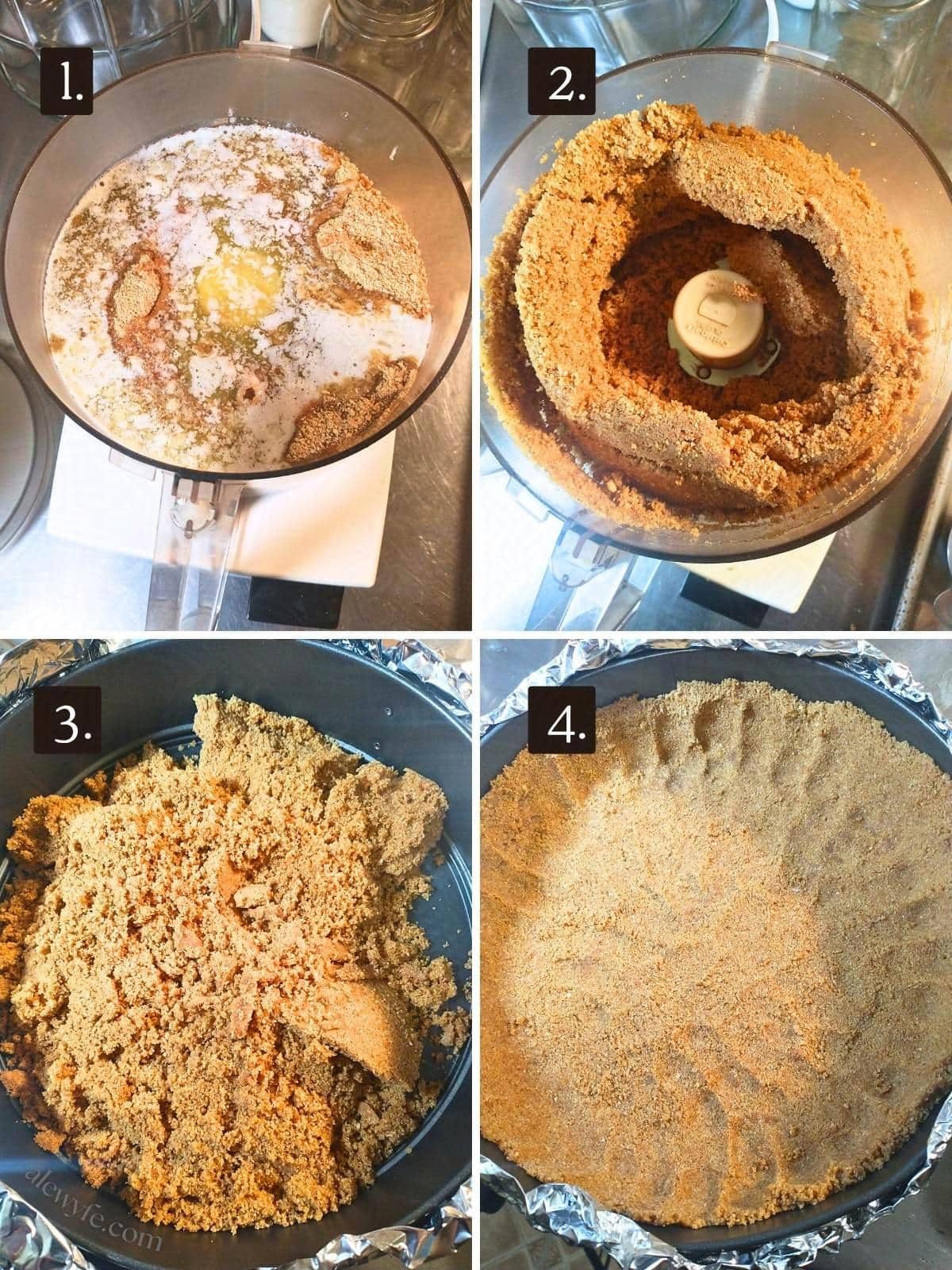 four photo collage of mixing and patting out the maple graham cracker crust in a springform pan.