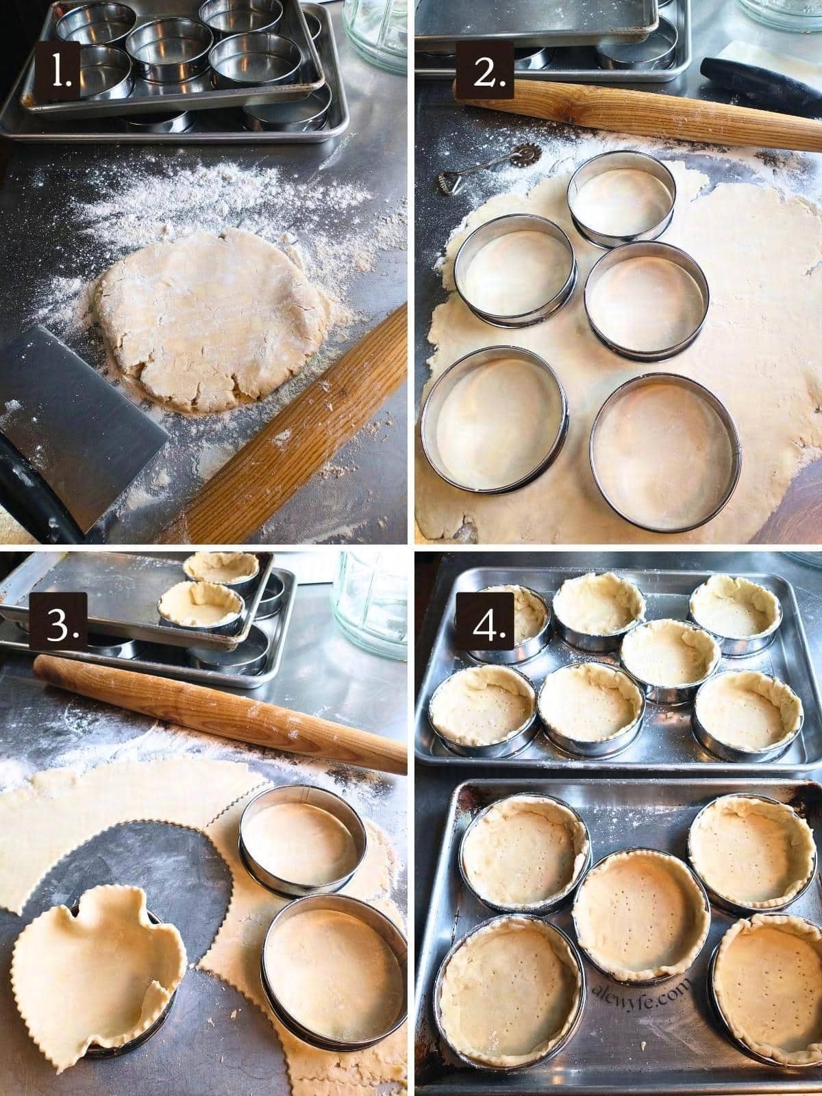 rolling out the flaky pie dough, cutting rough circles, and fitting them into the tartlet rings or pans.