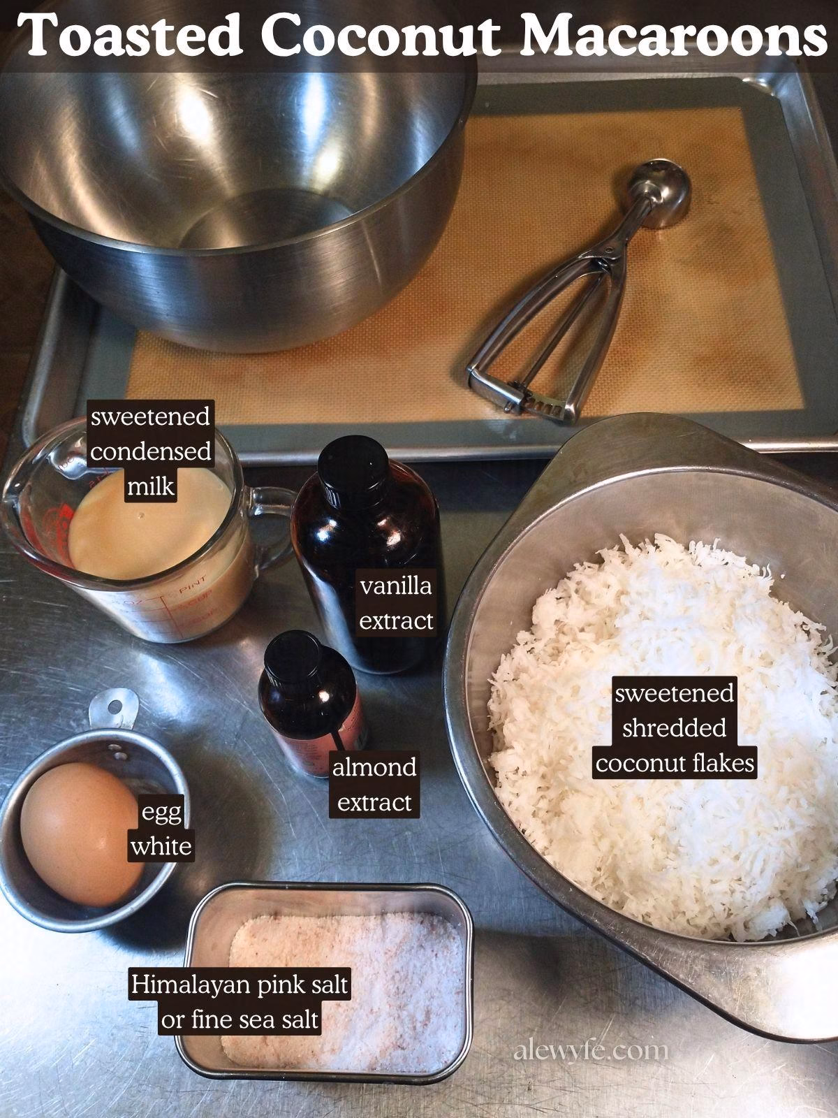 labeled ingredient photo for toasted coconut macaroon recipe.