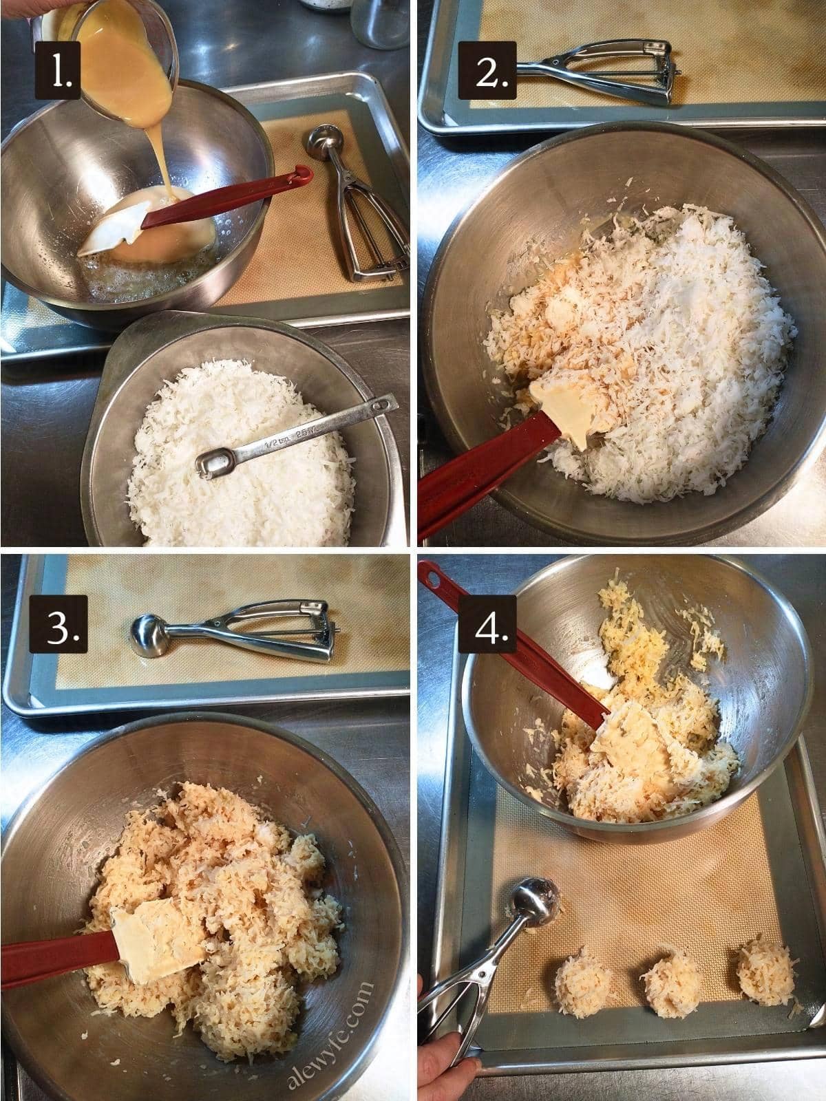 numbered four photo grid showing mixing and shaping the toasted coconut macaroons.
