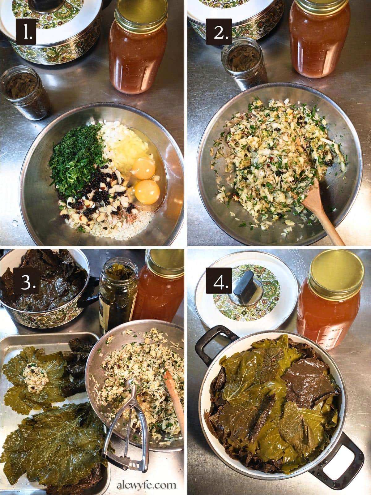numbered four photo grid showing mixing the vegetarian dolmades filling, scooping it onto vine leaves, rolling, and the filled pan covered with the extra leaves from the jar.