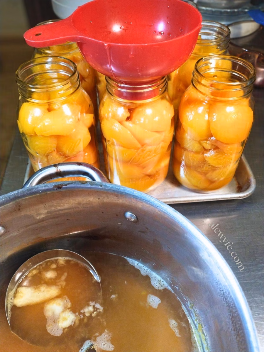 Hot cinnamon spiced syrup about to be ladled into a tray of jars filled with peeled peach halves and slices.