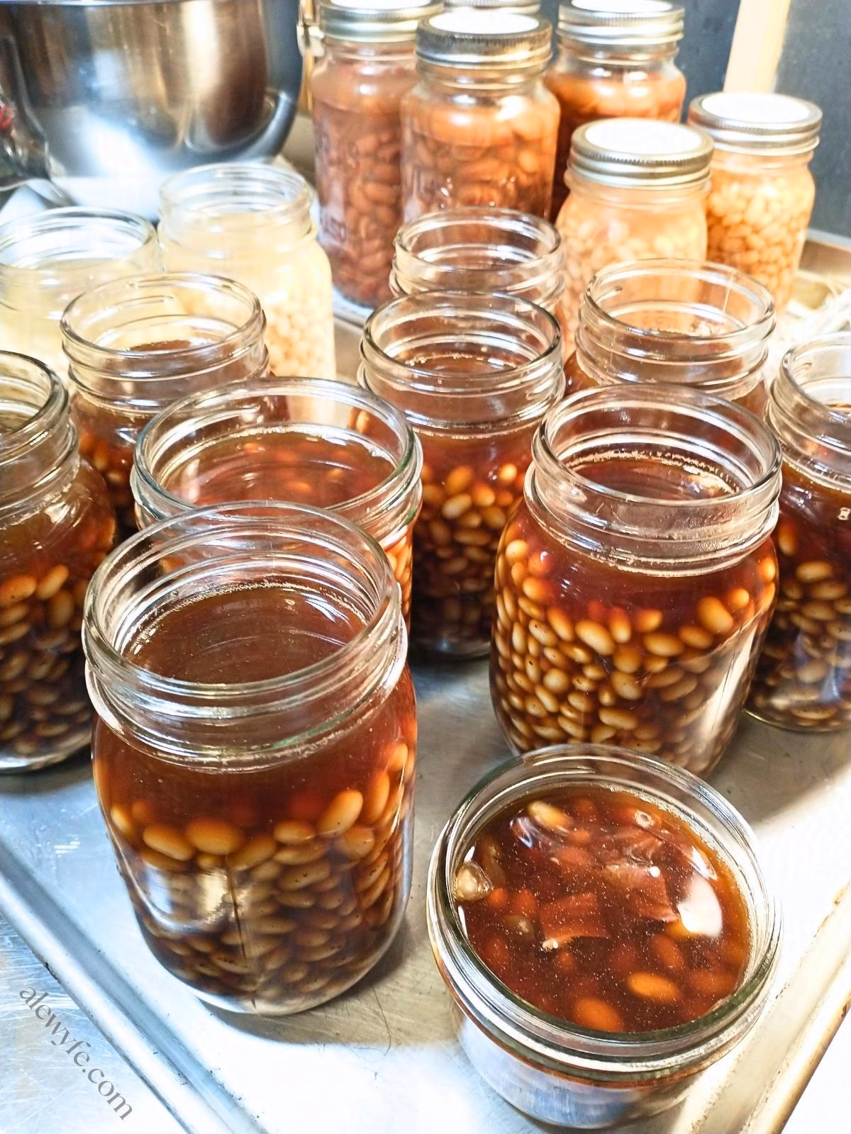 jars of soaked navy beans with ham in molasses sauce ready for canning.