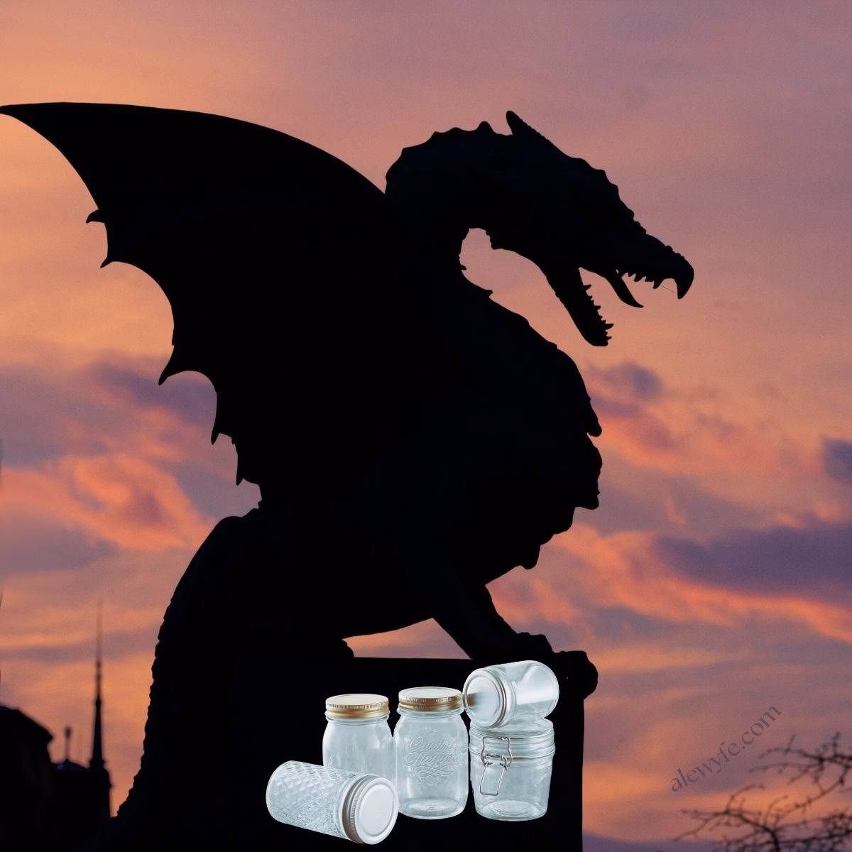 photo collage of a dragon statue in Croatia, silhouetted against a pastel sunset, with a pile of assorted styles of canning jars underneath the dragon's claws & perch.