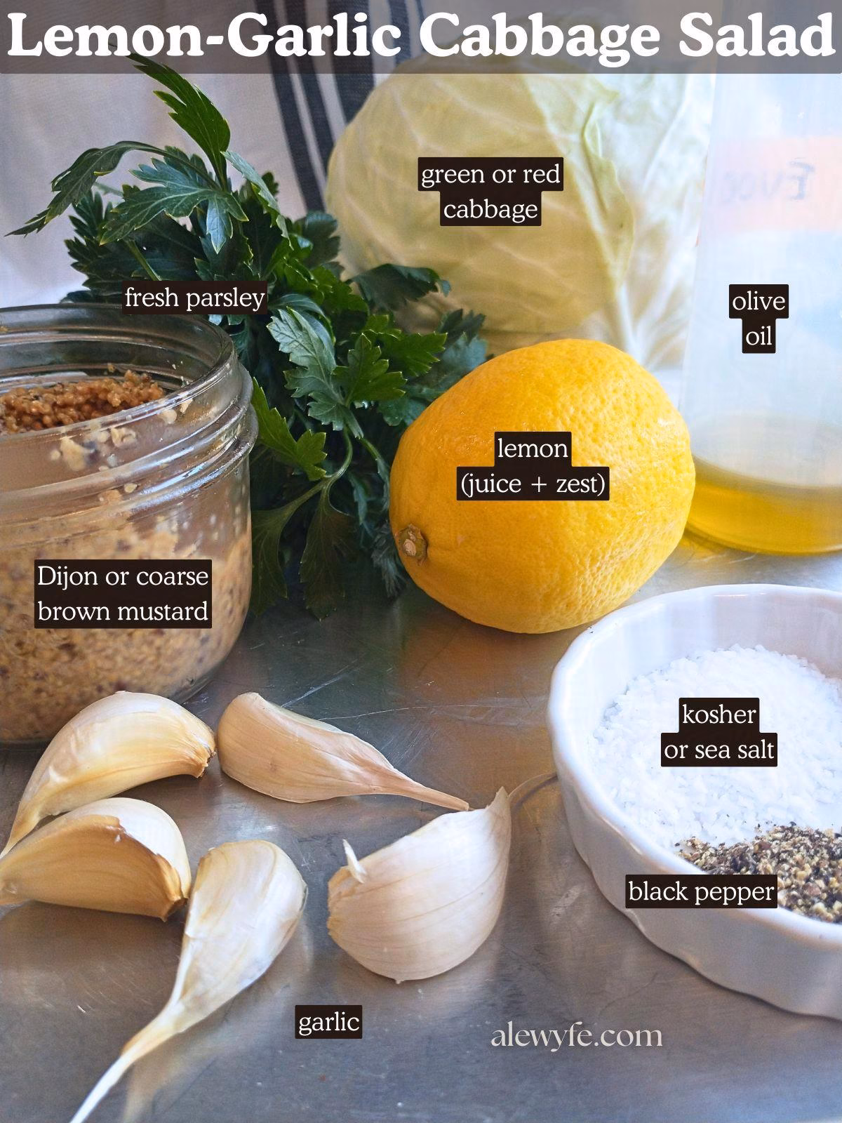 labeled ingredient photo for lemon garlic cabbage salad recipe.