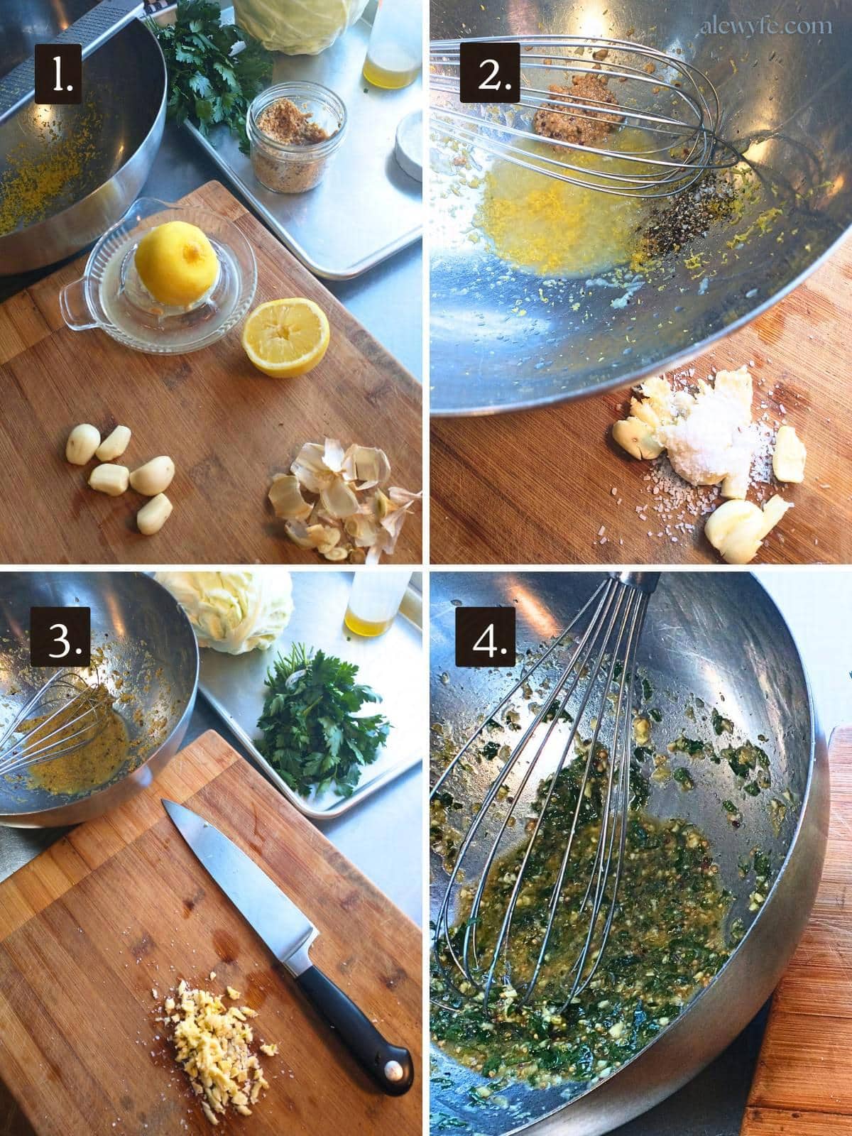 numbered four photo grid showing zesting and juicing the lemon, chopping and mincing the garlic with salt, and whisking the dressing together.
