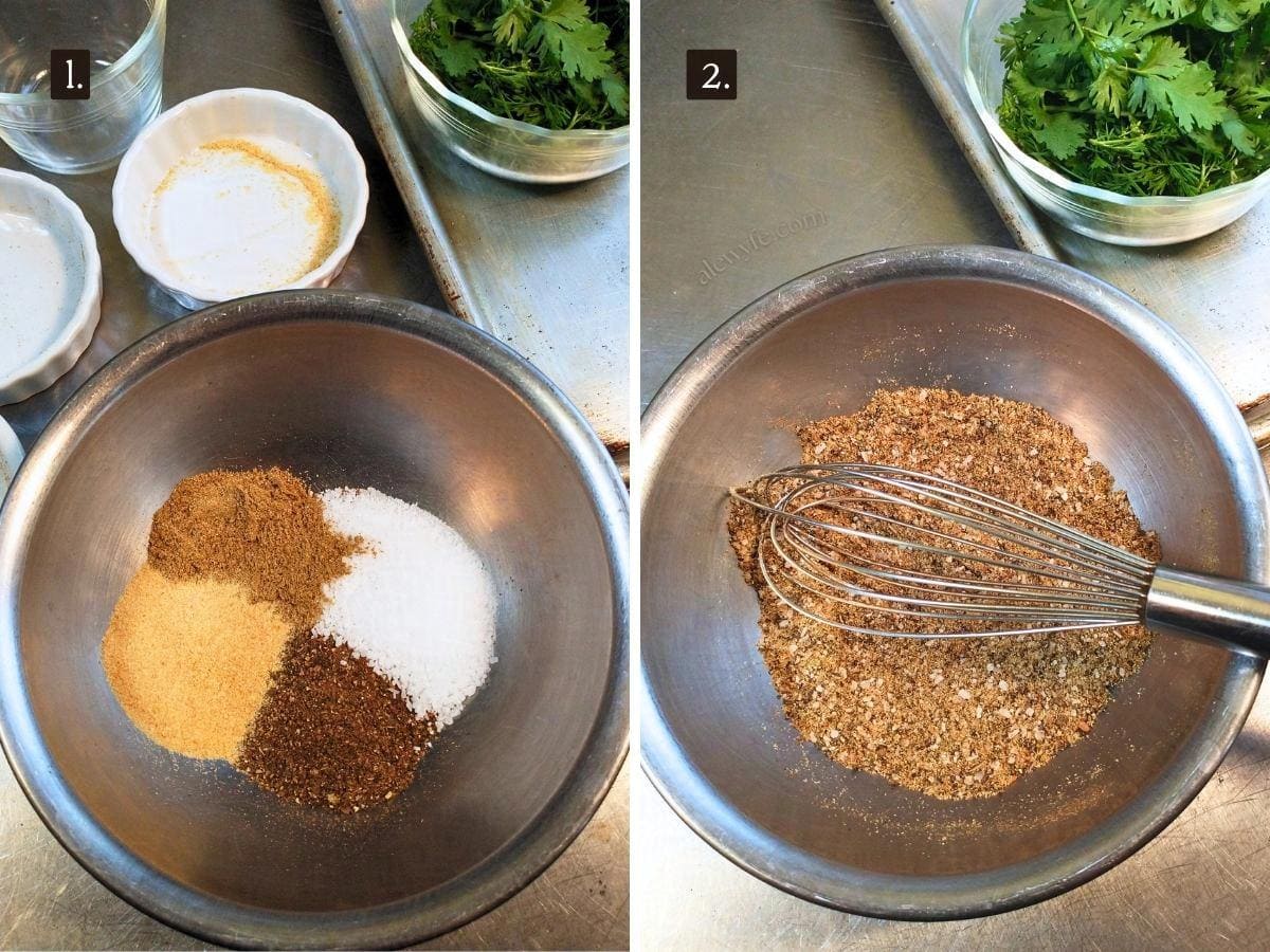 two photos showing the dry seasonings for the potatoes before and after mixing.