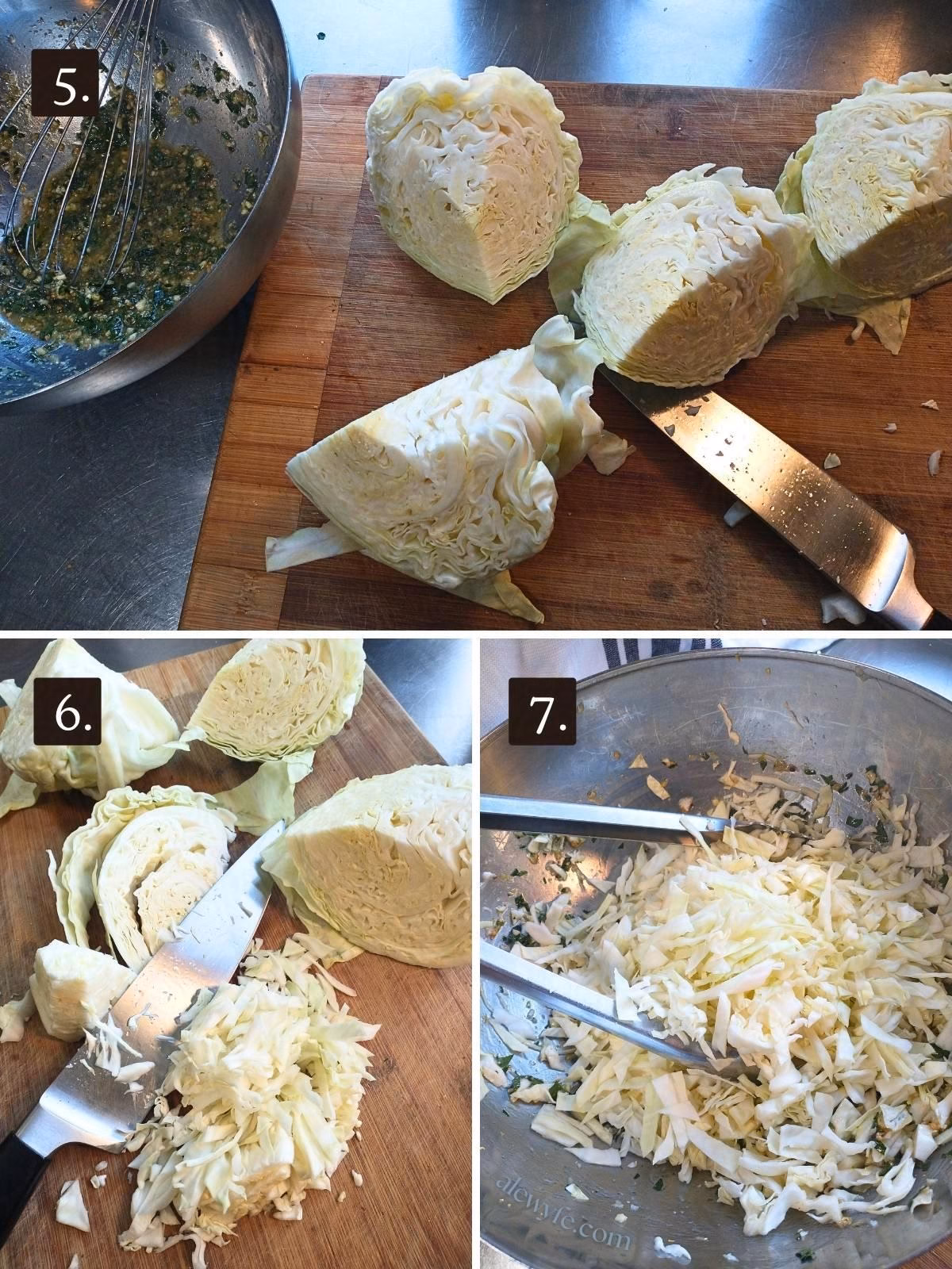 numbered three photo collage showing the quartered and cored cabbage wedges, finely slicing the cabbage, and then tossing it with the lemon garlic dressing.