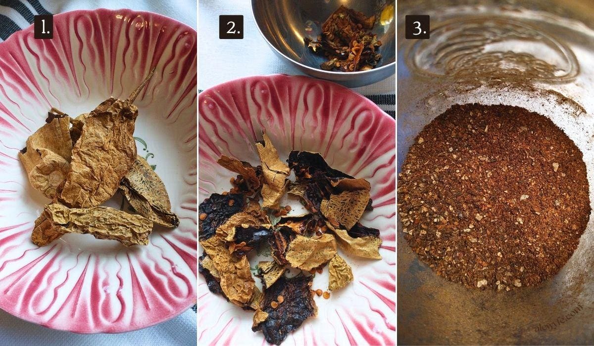 three panel numbered collage with dried chipotle chiles, the broken up and de-seeded peppers, and the ground up chile powder after blending.