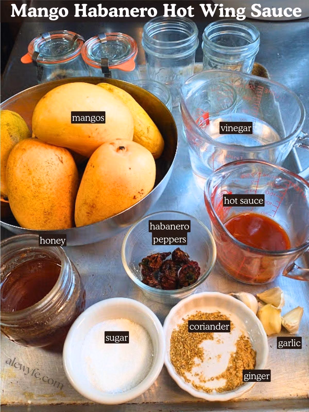 labeled ingredient photo for mango habanero hot wing sauce canning recipe.