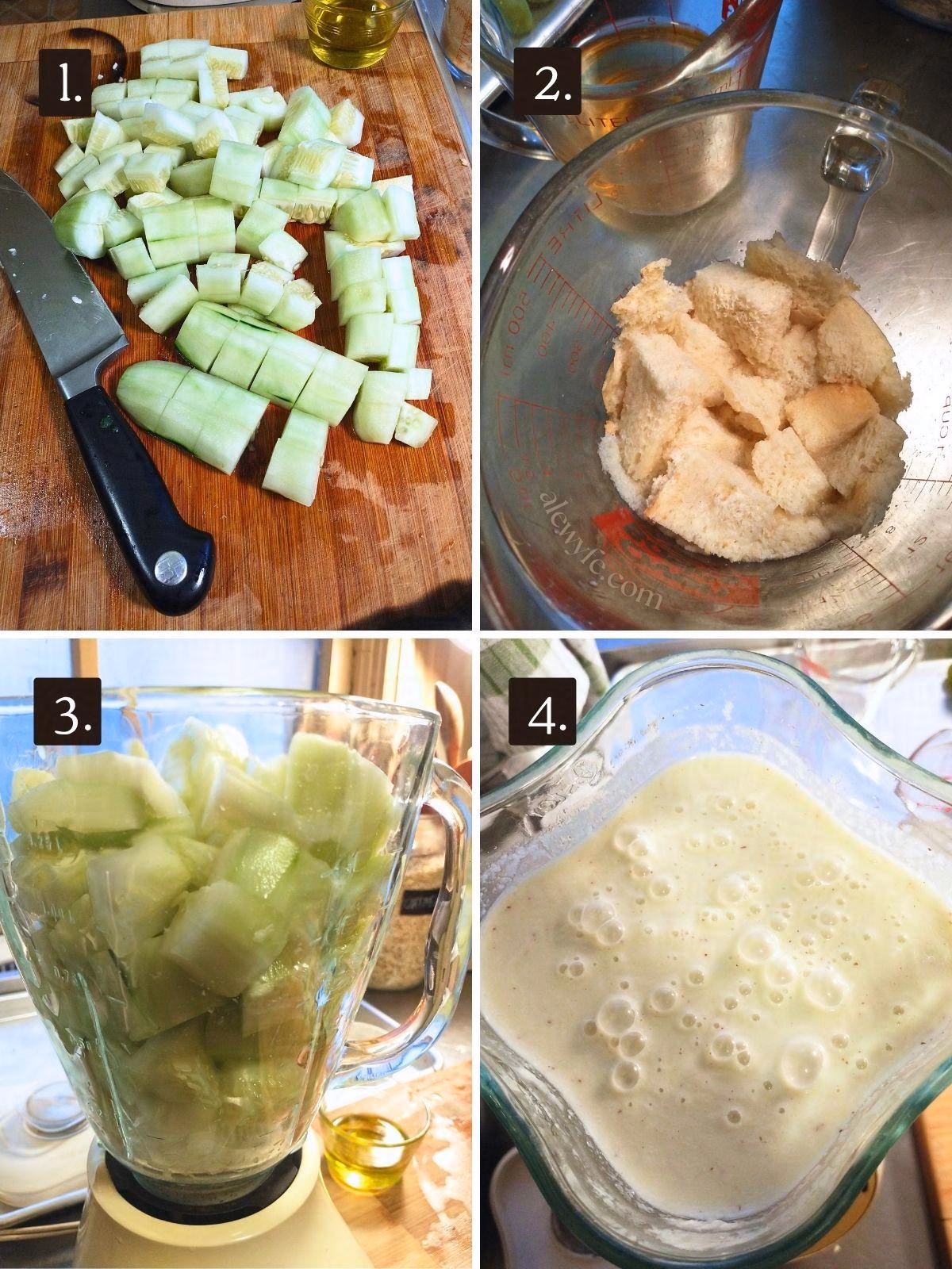 numbered step by step photos showing chopping the cucumbers, soaking the bread cubes, and blending all of the ingredients together to make cold white gazpacho soup.