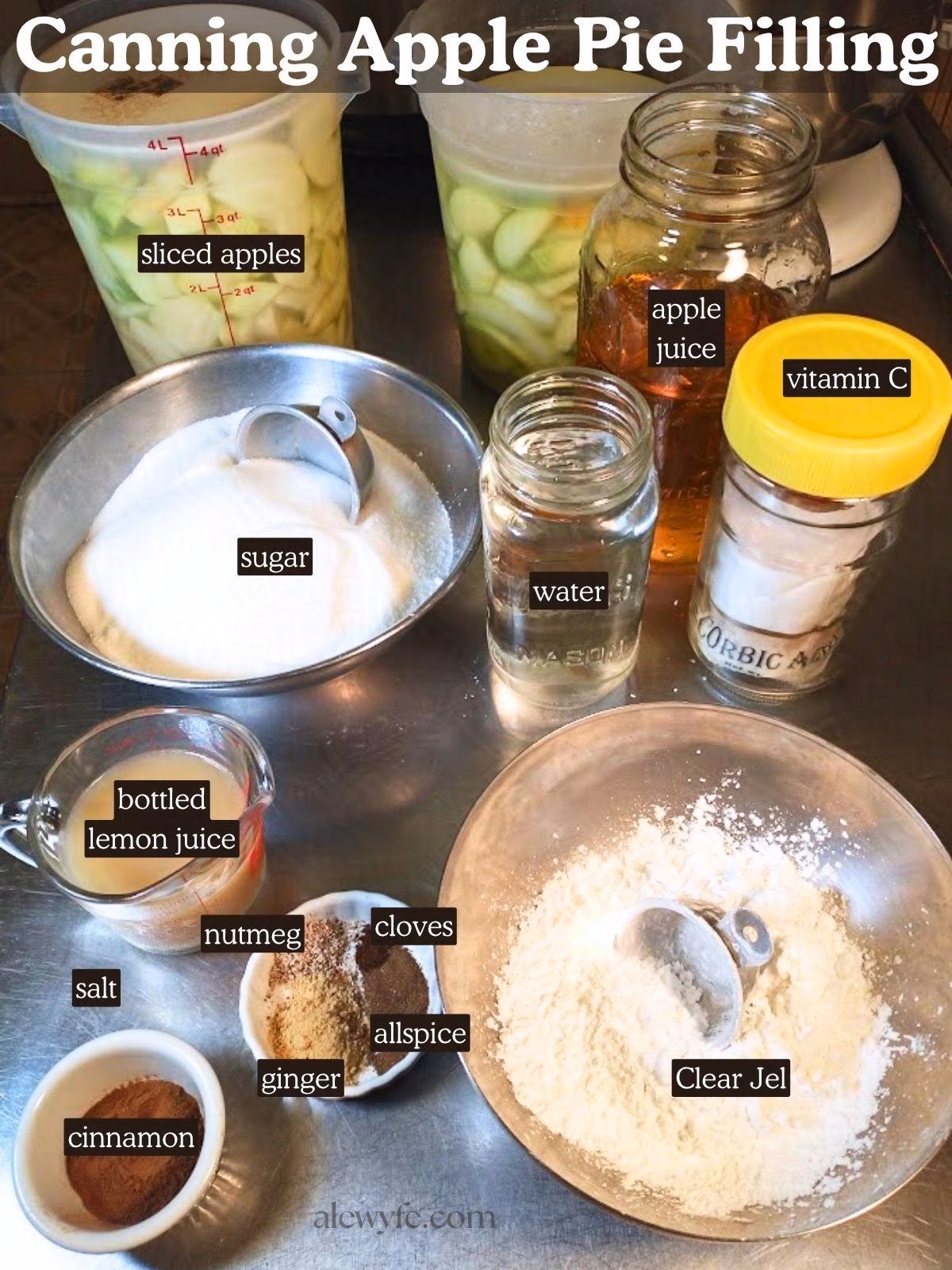 labeled ingredient photo for apple pie filling canning recipe.