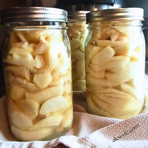 several quart jars of canned apple slices for baking.