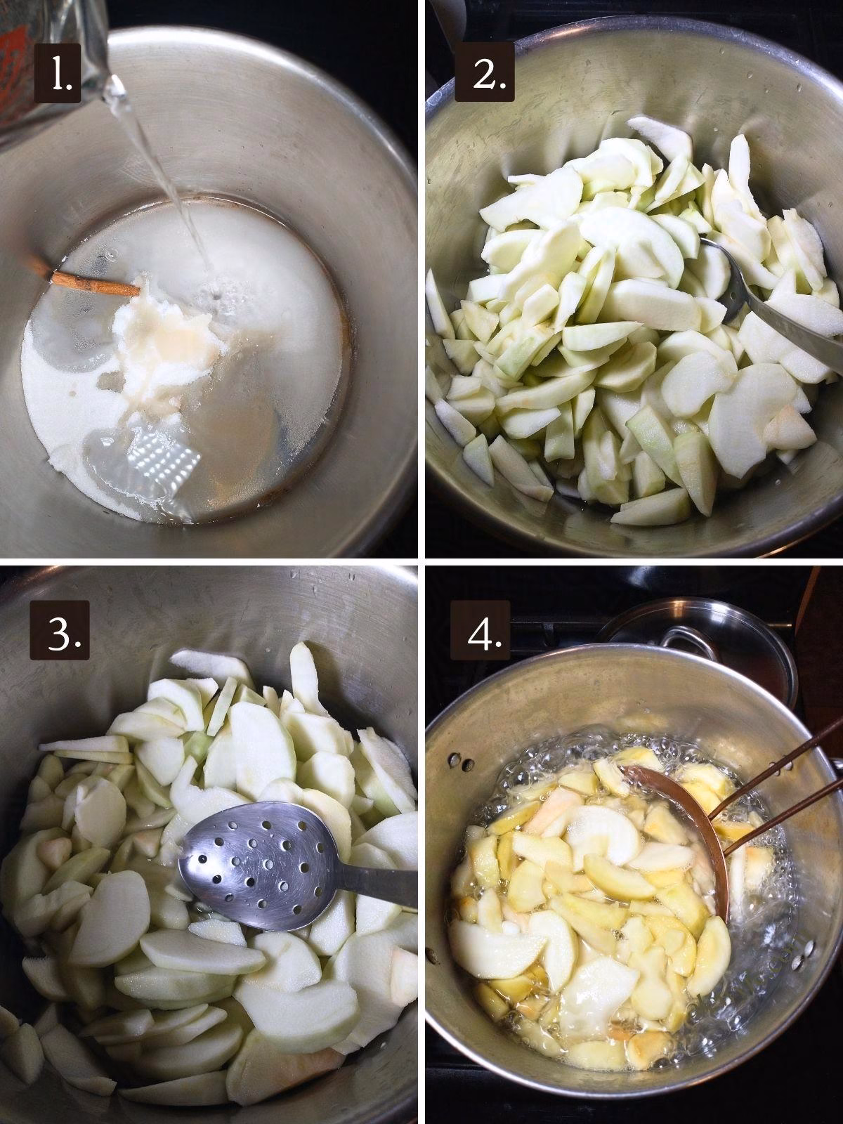 numbered steps one through four for canning apple slices: making simple syrup, slicing apples, and poaching them in the simple syrup.