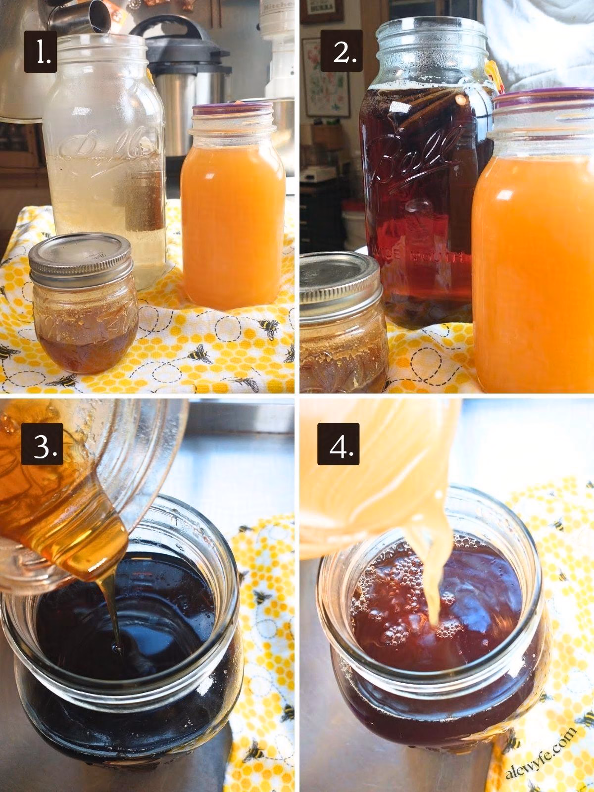 numbered photo grid showing steeping the tea, and adding the honey or sugar and peach juice.