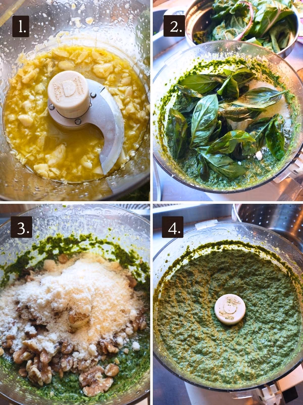 numbered photo grid showing the chard pesto being blended in a food processor.