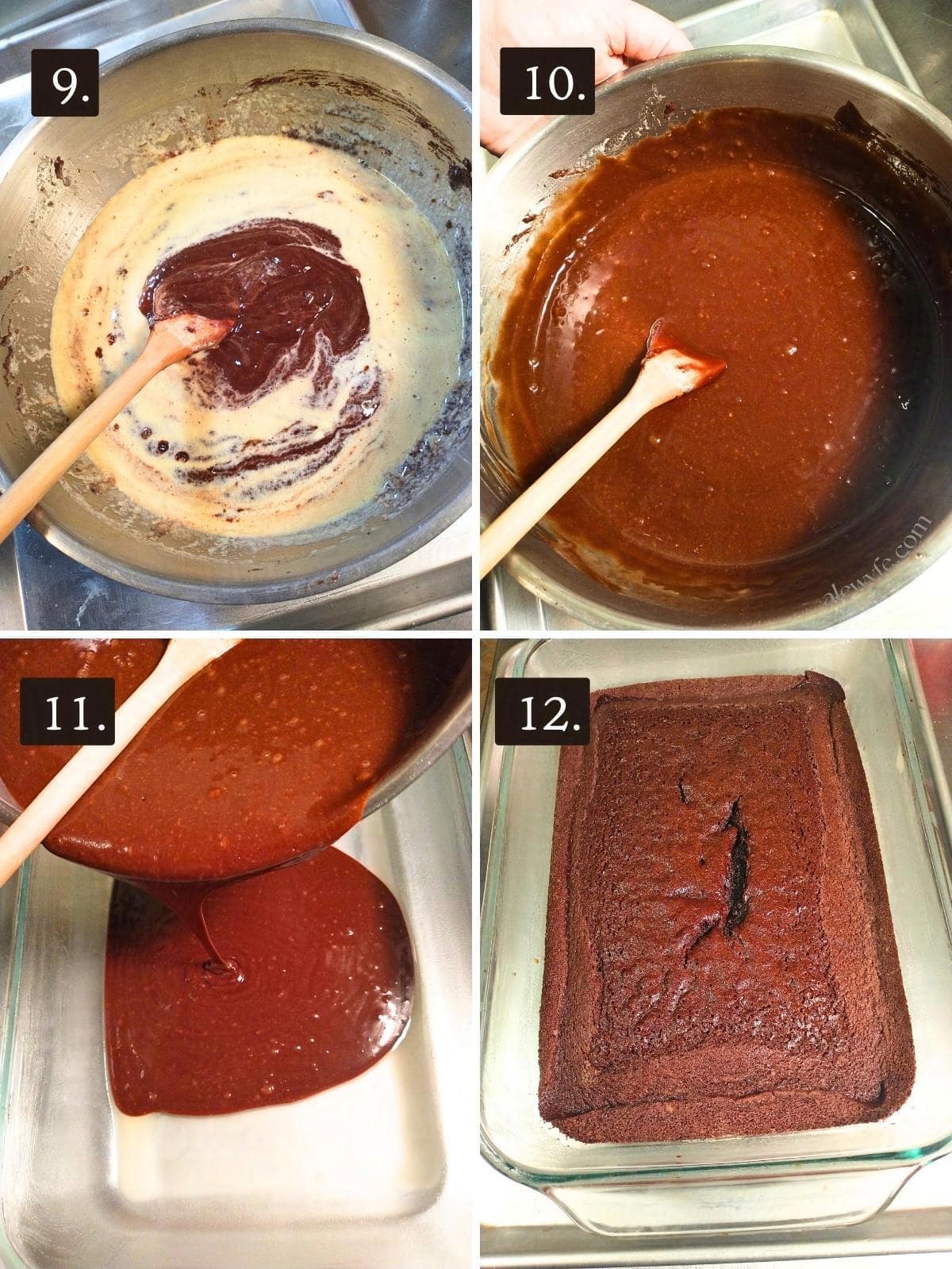 numbered photo grid 9-12, pouring the cake batter into a buttered pan, and the baked chocolate sheet cake.