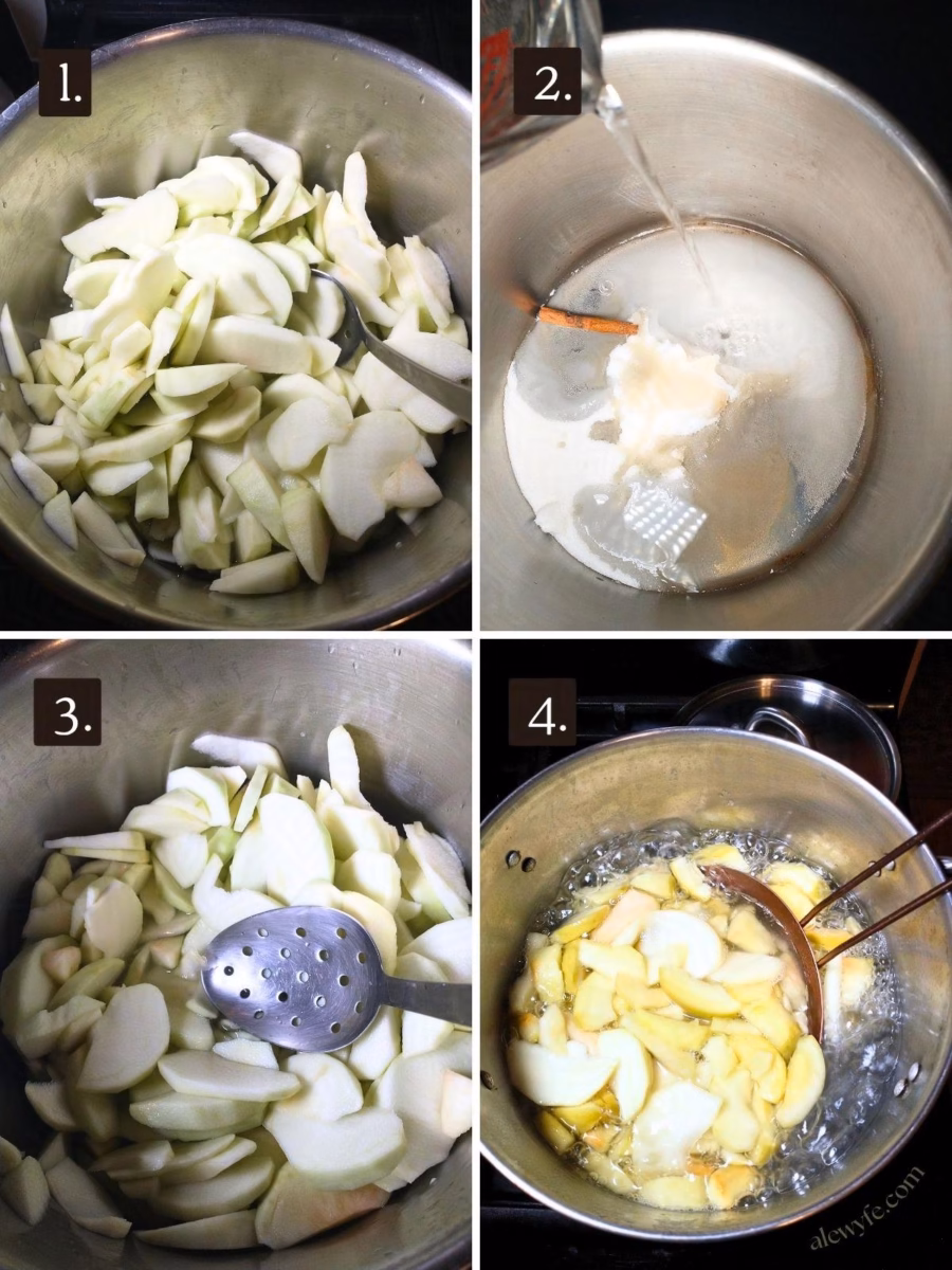 peeling, slicing, and blanching the apples for pie filling.