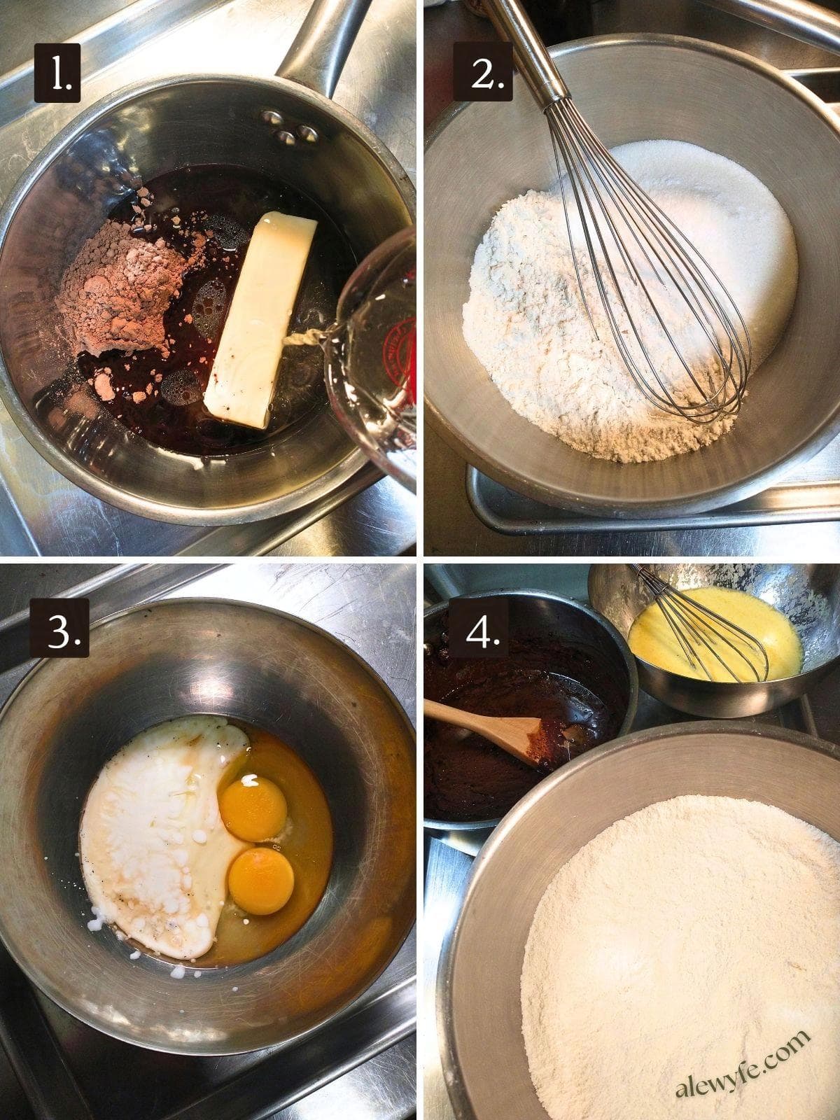 numbered four photo grid of prepping the ingredients for the buttermilk chocolate sheet cake batter.
