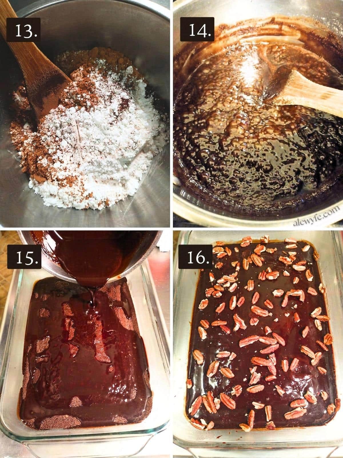 numbered four photo grid showing mixing the mocha frosting ingredients in a saucepan, bringing to a boil, pouring the hot icing over the baked chocolate sheet cake, and garnishing the top with chopped pecans.