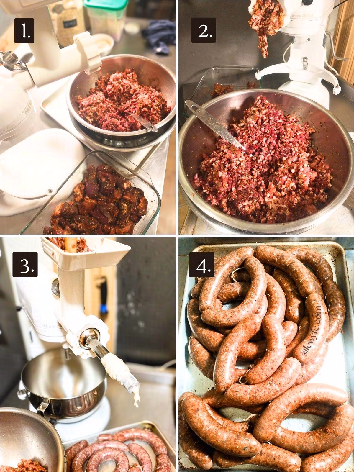 four photo grid showing grinding the italian sausage mixture, mixing it, stuffing it into casings, and the twisted finished sausages resting on a tray.