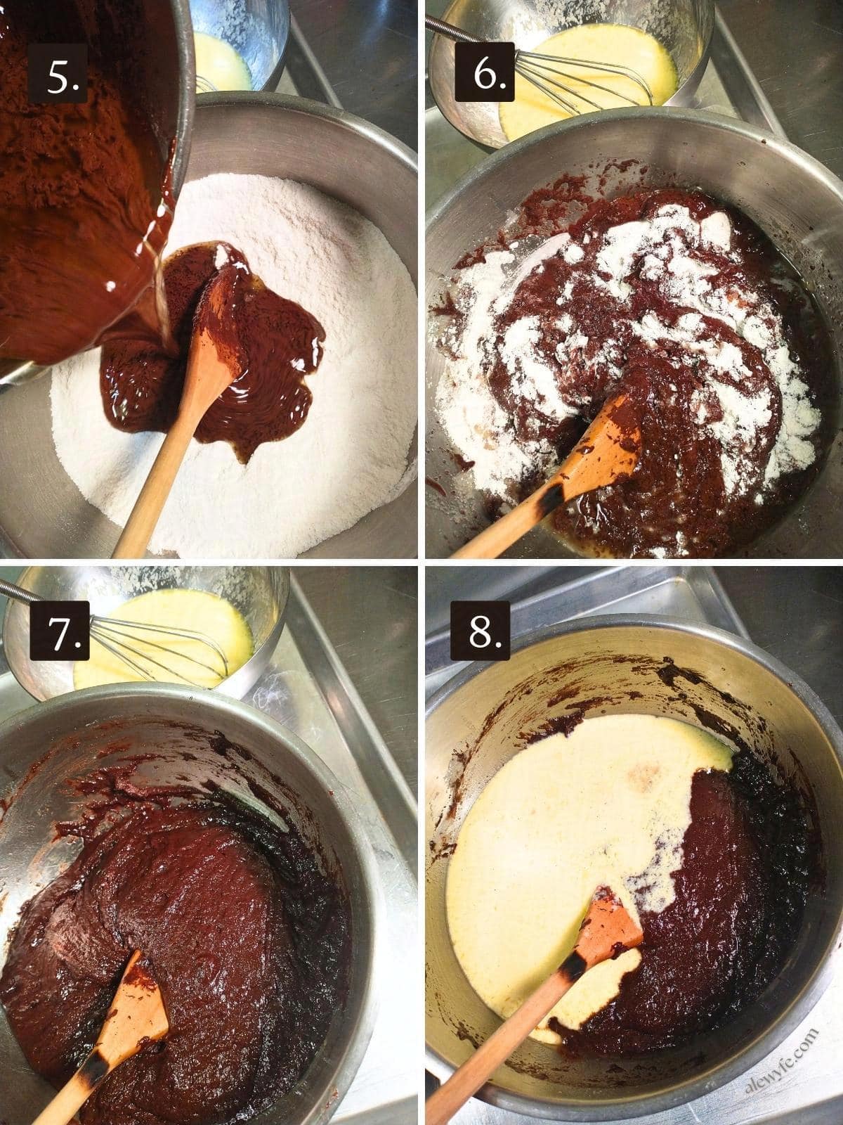 numbered photo grid (5-8) showing mixing the melted butter and cocoa with the dry ingredients, buttermilk, and eggs, to make the texas sheet cake batter.